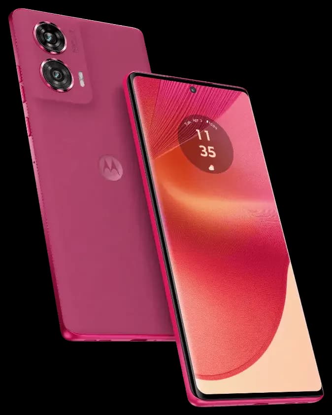 motorola edge 50 fusion en color rosa, frente y espalda