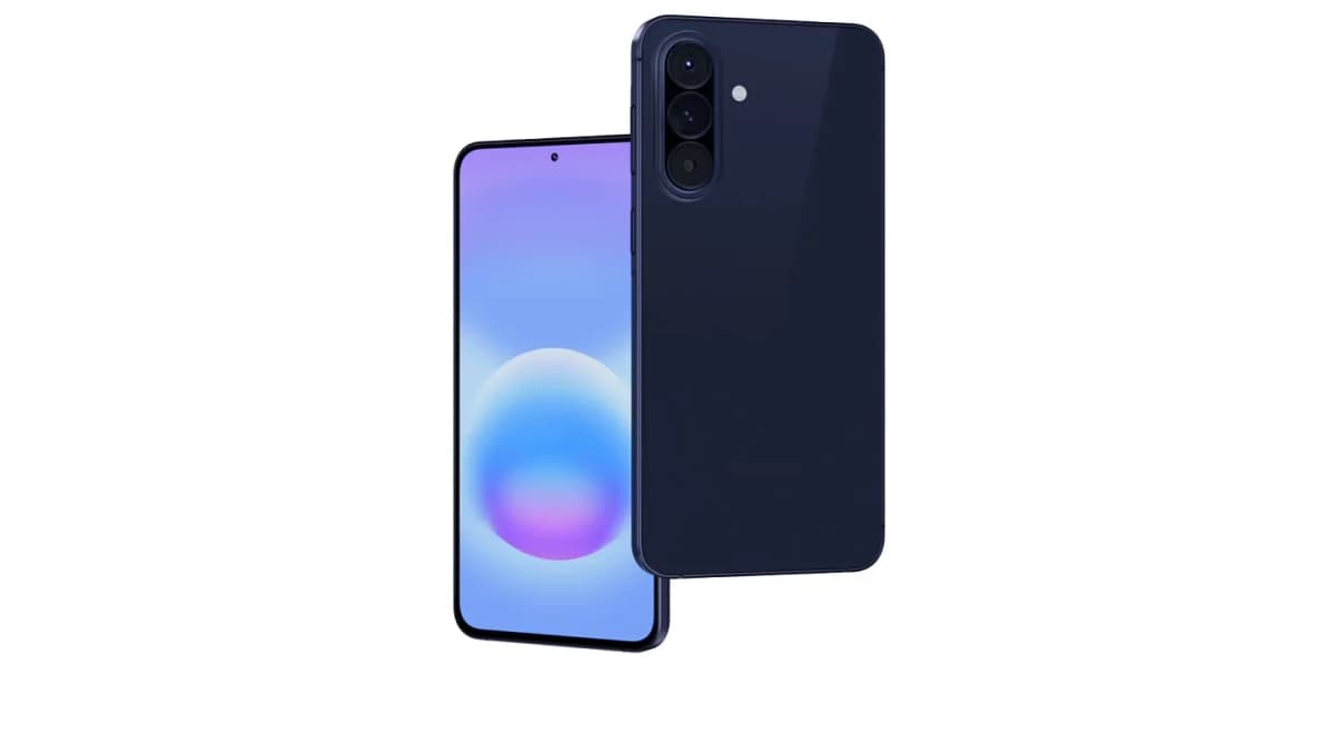 Samsung Galaxy A57 5G en azul marino, de frente y de espalda