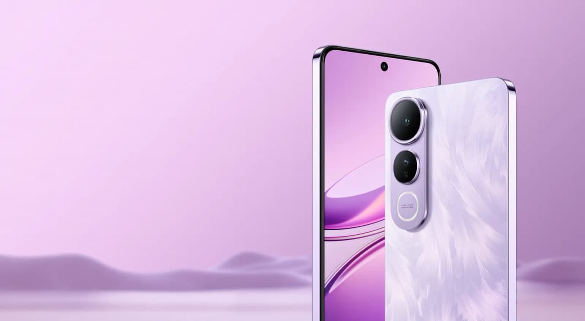 vivo V50 Lite en color morado, de frente y de espalda