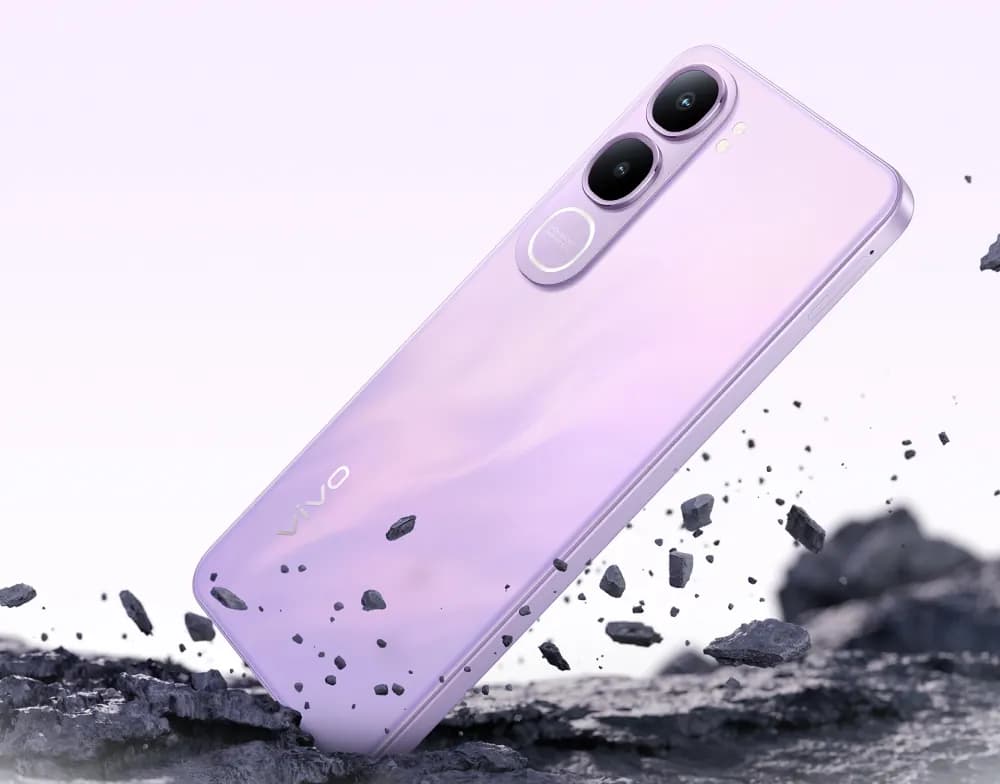 vivo Y21d en color morado sobre rocas