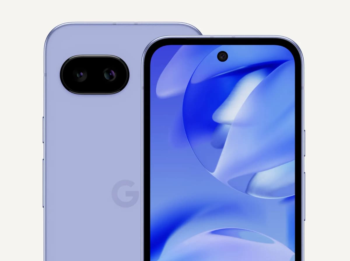 Google Pixel 9a en color iris, vista trasera y frontal