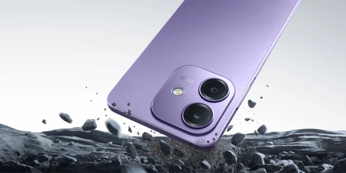 OPPO A40 en color morado cayendo sobre rocas