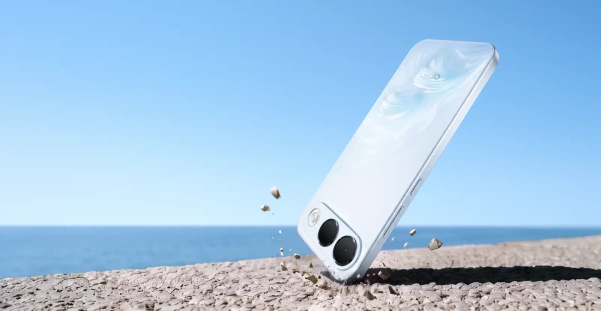 OPPO A7 Pro 5G blanco aterrizando sobre la playa