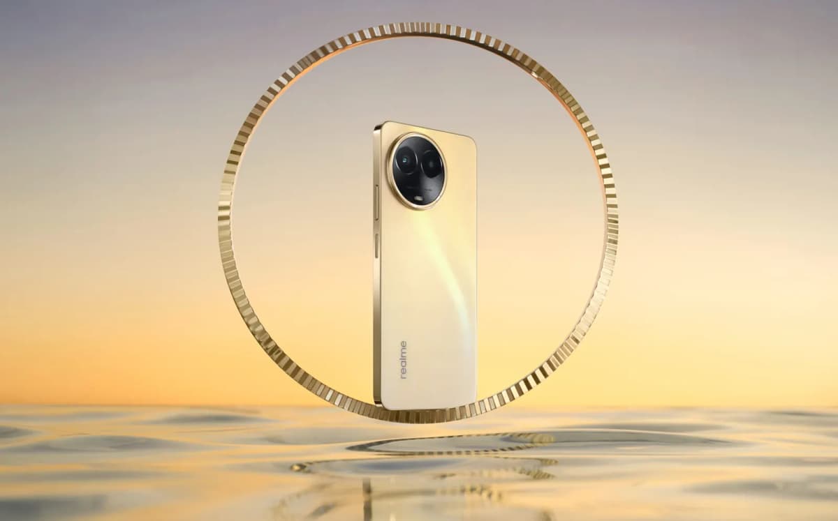 realme 11 5G en color dorado dentro de un aro, vista trasera