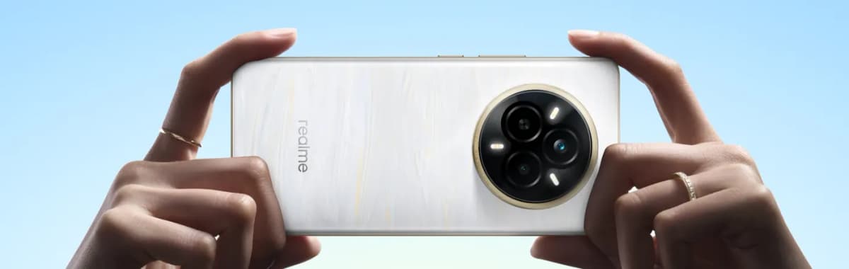 Manos sosteniendo el realme 14 Pro 5G, con su módulo circular de cámaras