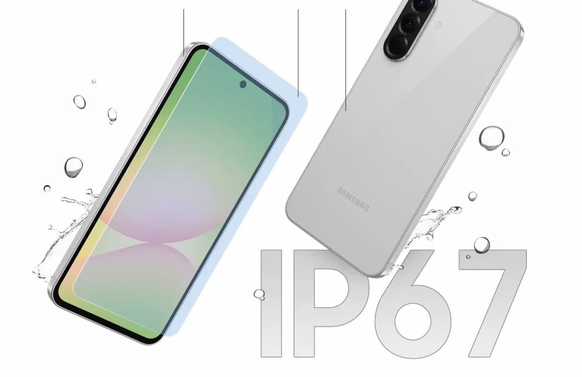 Samsung Galaxy A56 5G con salpicaduras de agua, resistencia IP67