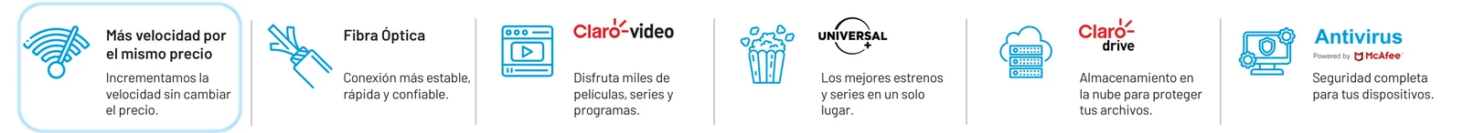 Más velocidad por el mismo precio, fibra óptica, Claro video, Universal+, Claro drive y antivirus McAfee